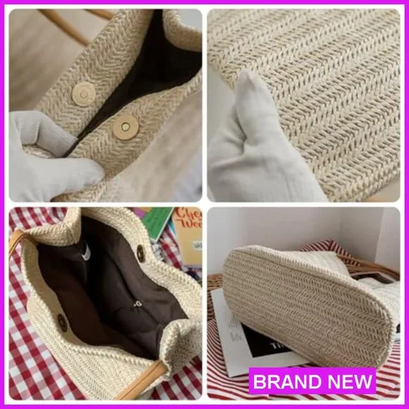 Straw Woven Tote Shoulder Bag Bucket Purse Summer Casual Boho Lightweight - Picture 5 of 7